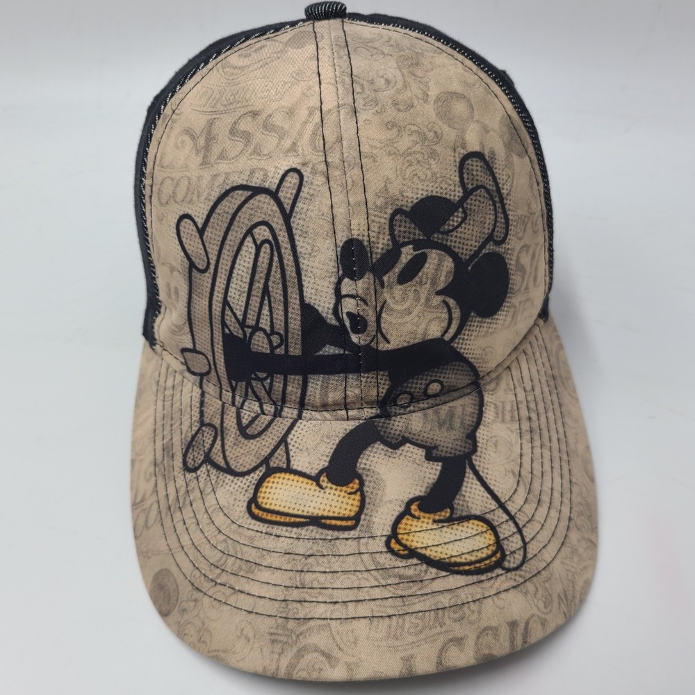 Mickey Mouse Hat Strapback (Fits Small) Disney Land Beige Black Steamboat Willie